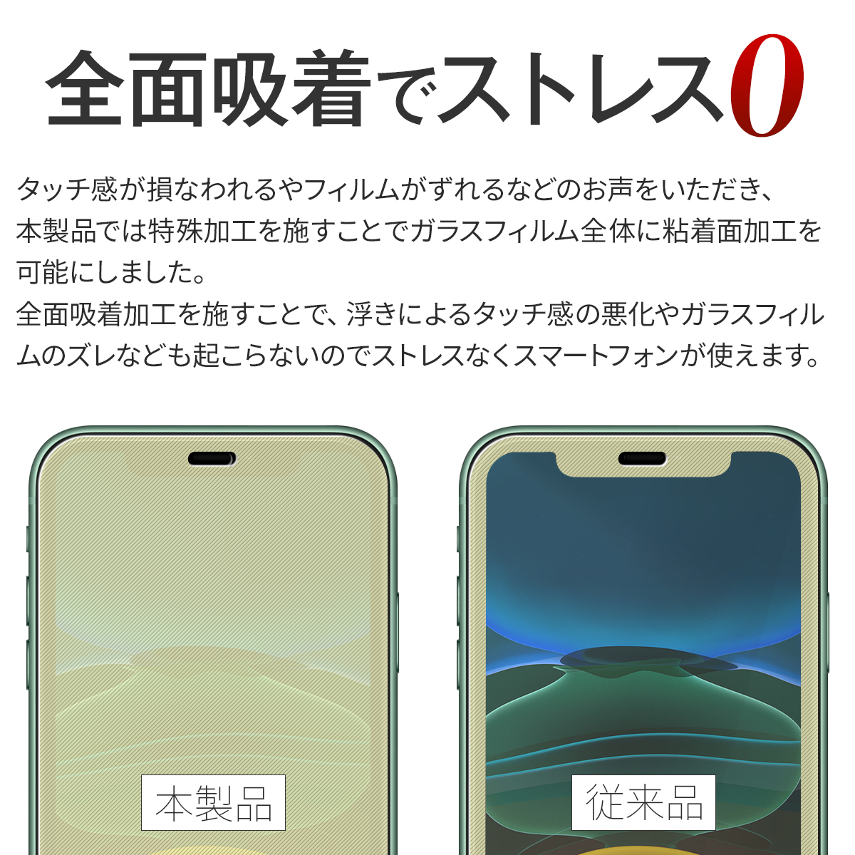 iPhone11 全面吸着カラー強化ガラス保護フィルム 9H